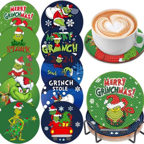 81J7zbjtM3L._AC_SL1500_ 10 Pcs Christmas Diamond Painting Coasters Diamond Art Coasters with Holder