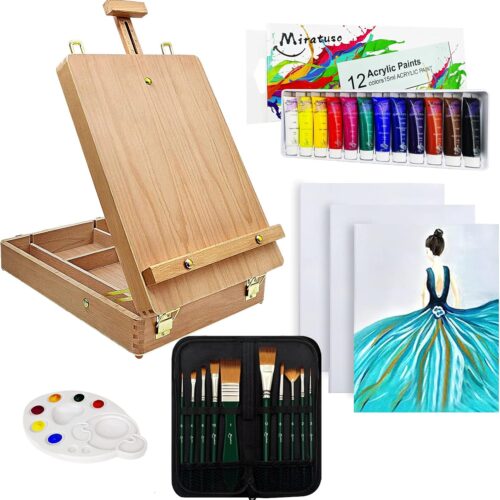 81L5-HatfnS._AC_SL1500_ Deluxe Art Supplies 27 Pieces Art Set with Tabletop Easel, 12 Colors Acrylic Paint, 10 Paint Brushes, 3 Canvas Panels, Palettes