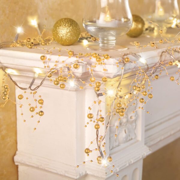 Indoor Christmas Decorations, Festive Lighted Berry Beaded Garland Gold- 120" L 2