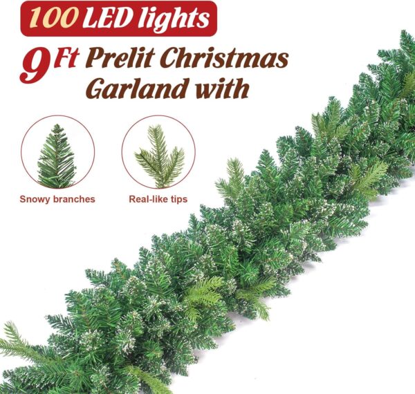 9FT Christmas Garland with Lights 100 LED Prelit Real-Like Tips and Snow Branches 2