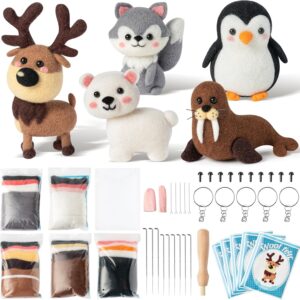 Set of 5 Winter Polar Animals Wool Needle Felting Kit,5 Unique Designs