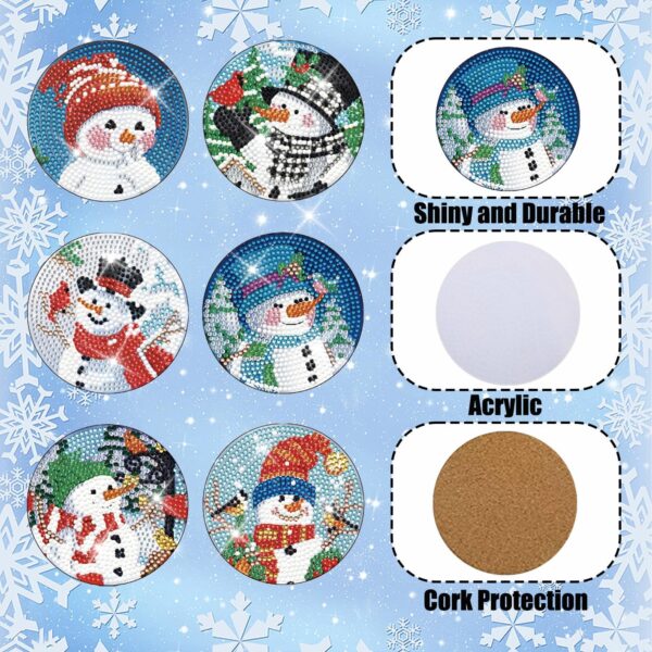 6PCS Christmas Diamond Painting Coaster with Holder, Snowman Diamond Painting 4