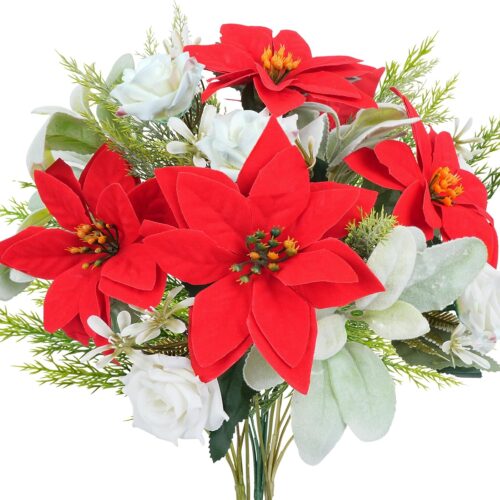 Artificial Christmas Flowers Faux Poinsettia Bouquets Cemetery Flowers for Grave Christmas Winter Floral Arrangement