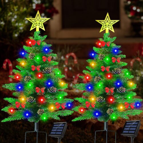81Rb6DS67QL._AC_SL1500_ Upgraded 3.6Ft Solar Christmas Tree Pathway Lights, 2 Pack 100 LED Xmas Tree with 50 Pcs Christmas Ornaments