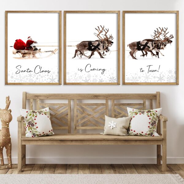 Framed Set of 3 Christmas Wall Art Christmas Santa Claus with Sleigh Deer 1