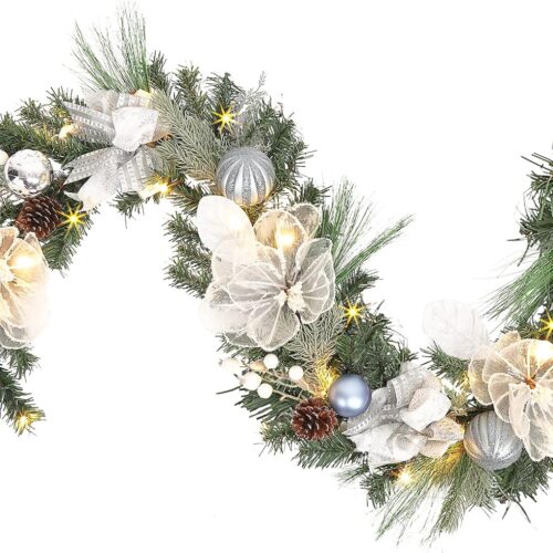 81WtRiqXocL._AC_SL1500_ Pre-lit 6 feet Winter White Silver Christmas Garland Decor 20 LED Lights