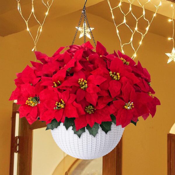 Artificial Fake Poinsettia Flowers Plants Hanging Basket for Christmas New Years Decoration 2