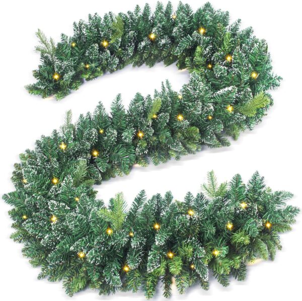 9FT Christmas Garland with Lights 100 LED Prelit Real-Like Tips and Snow Branches 1
