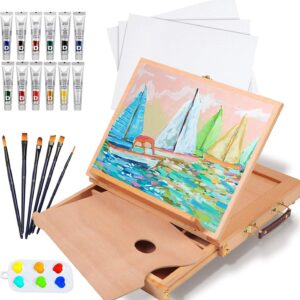Tabletop Easel Set - 24 Pieces Starter Kit - Artist Acrylic Painting Kit with 12 Acrylic Paints Set