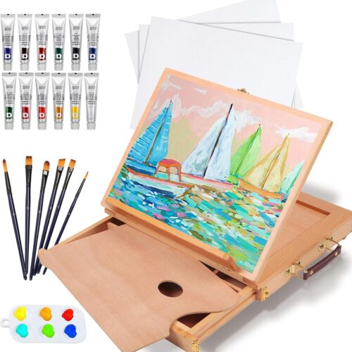 Tabletop Easel Set - 24 Pieces Starter Kit - Artist Acrylic Painting Kit with 12 Acrylic Paints Set