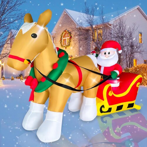 7FT Christmas Inflatables Santa Claus on Sleigh with a Horse Decorations