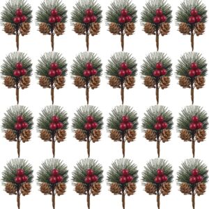 25PCS Artificial Pine Picks, Pine Needles Branches with Red Berry Stems