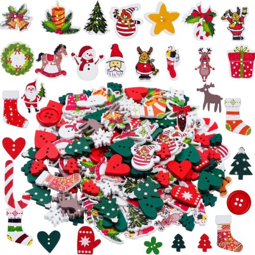 200 Pieces Christmas Wooden Buttons Assorted Christmas Art Craft Buttons for Handmade Project