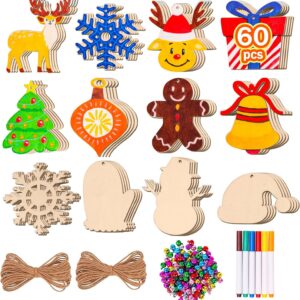 60Pcs Christmas Wooden Ornaments Unfinished Predrilled Wood Slices Circles