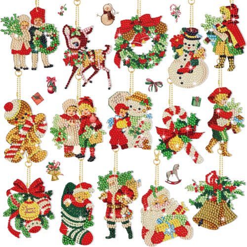 81thCcsY2aL._AC_SL1500_ 15 Pieces Christmas Diamond Painting Keychain Vintage Diamond Painting Ornaments 5D