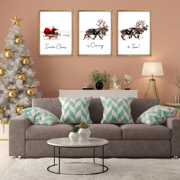 Framed Set of 3 Christmas Wall Art Christmas Santa Claus with Sleigh Deer 4