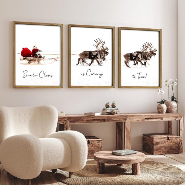 Framed Set of 3 Christmas Wall Art Christmas Santa Claus with Sleigh Deer 2