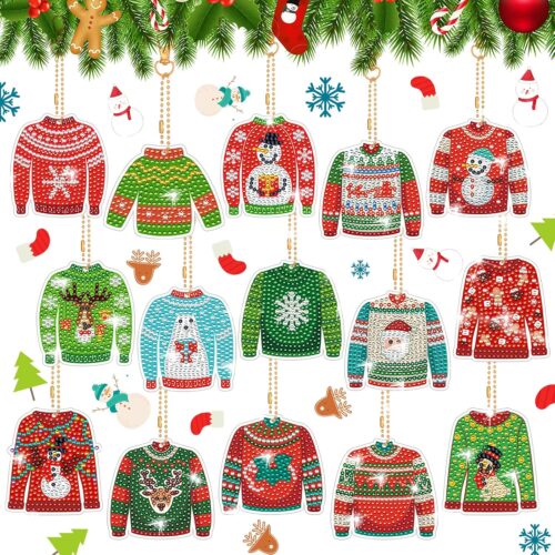 91-ivYAbnyL._AC_SL1500_ 15 Pcs Christmas Ugly Sweater Diamond Painting Keychain 5d