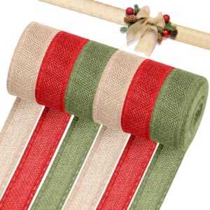 6 Rolls 33 Yards Christmas Burlap Ribbon Fabric Wired Edge Ribbon Green Red Natural Ribbon Xmas