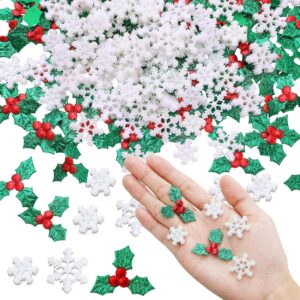 300 Pcs Mini Resin Snowflakes and Holly Leaves Berries for Christmas Craft Supplies