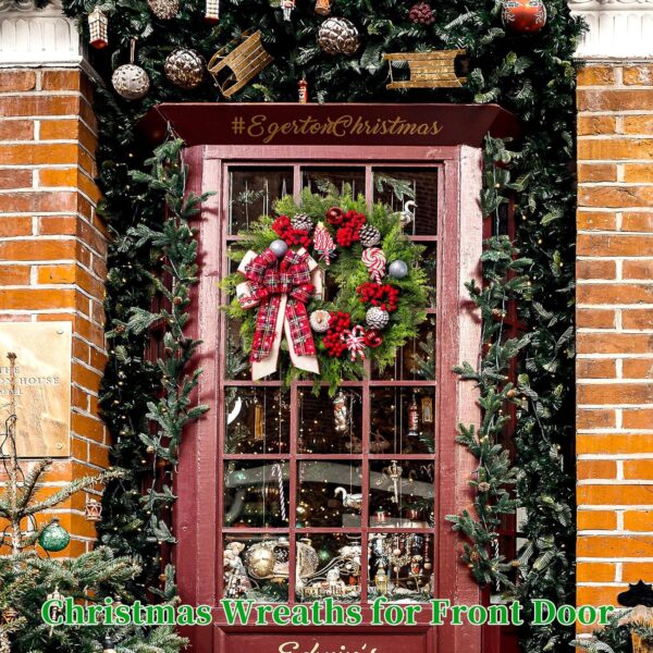 Christmas Wreaths for Front Door, 20 Inch Lighted Artificial Christmas Door Wreath with Christmas Ball Bow 5