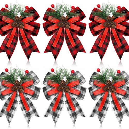 91Pg04cbdEL._AC_SL1500_ 6 Pcs Christmas Bows Buffalo Plaid Bow Checkered Ribbon Bow with Pine Cone