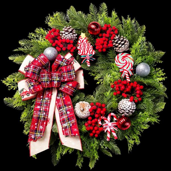 Christmas Wreaths for Front Door, 20 Inch Lighted Artificial Christmas Door Wreath with Christmas Ball Bow 1