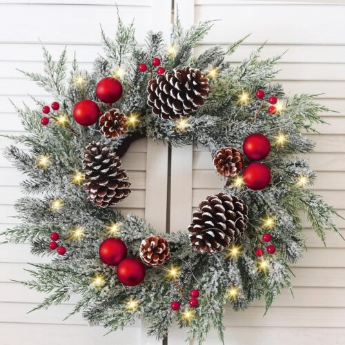 Christmas Wreath with Lights 24 Inch PreLit Christmas Wreaths for Front Door