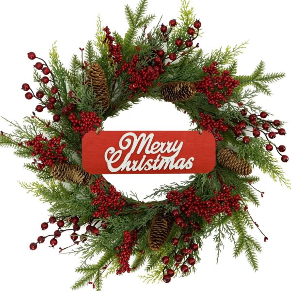 Artificial Christmas Wreaths for Front Door with red Berry, Pine Cones, Pine Needles 1