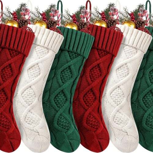 Christmas Stockings, 6 Pack 18 Inches Large Size Cable Knitted Stocking Gifts & Decorations