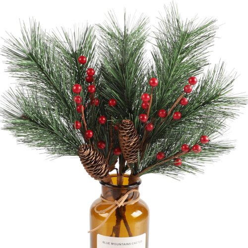 91dPvkaSQYL._AC_SL1500_ Christmas Berries Pine Picks 4 Pack Artificial Red Berry Pine Branches Stems