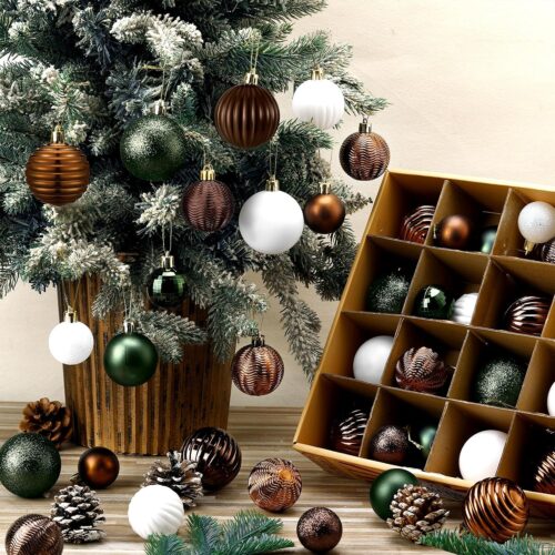 91h39GirqfL._AC_SL1500_ 64 Pcs Neutral Christmas Ball Ornaments Brown Green White Ball Ornament