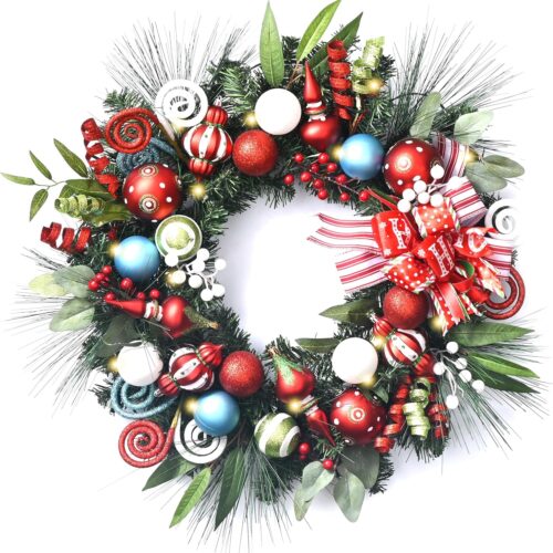 91hARbpEERL._AC_SL1500_ 24 Inch Pre-Lit Christmas Wreath for Front Door with Lights, Large Lighted Christmas Wreath