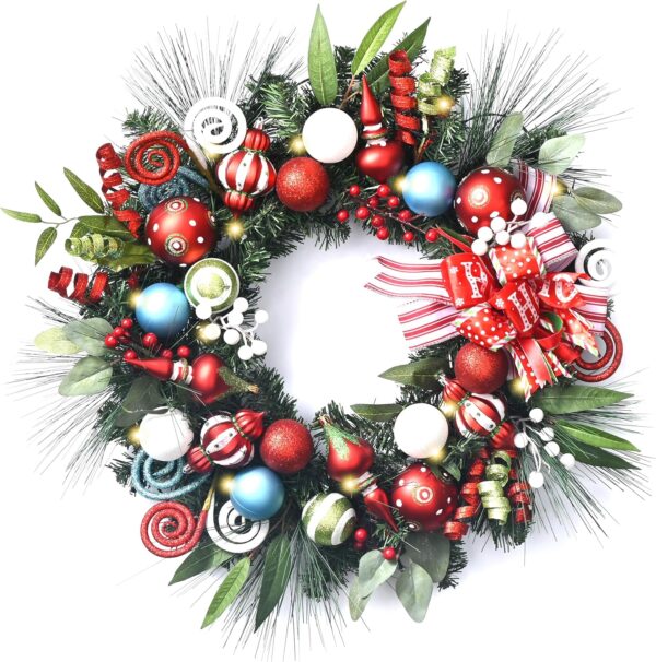 24 Inch Pre-Lit Christmas Wreath for Front Door with Lights, Large Lighted Christmas Wreath 1