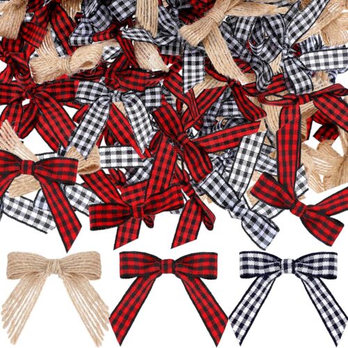 60 Pieces Christmas Mini Bows for Crafts Small Craft Bows Mini Buffalo Plaid Bow Red and Black Checkered Bows