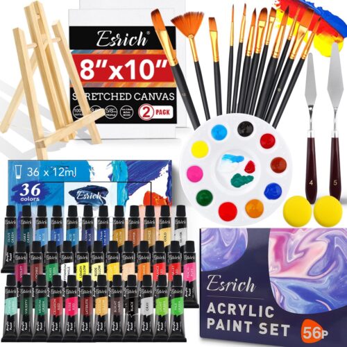 1 56 PCS Professional Painting Supplies with Paint Brushes, 36 Colors Acrylic Paints, 1 Easel, 2 Painting Canvases, Palette, Paint Knives and Art Sponges