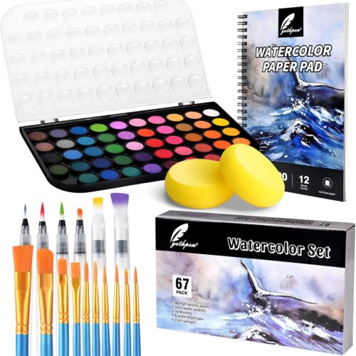1 Watercolor Paint Set, 48 Color Watercolor with 10 PCS Nylon Brushes,6 PCS Refillable Water Brush Pen, 12 Page Pad and 2 PCS Art Sponges