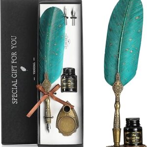Vintage Green Feather Pen and Ink Set