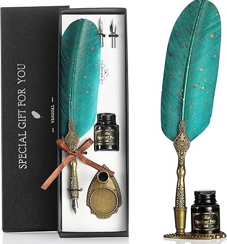 1 Vintage Green Feather Pen and Ink Set