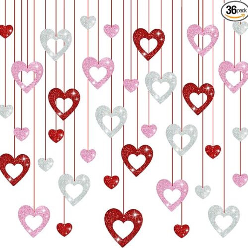 36 Pcs Valentine's Day Decorations Glitter Heart Hanging Swirls