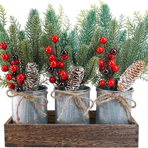 Christmas Farmhouse Centerpiece Rustic Wood Tray 3 Galvanized Pots