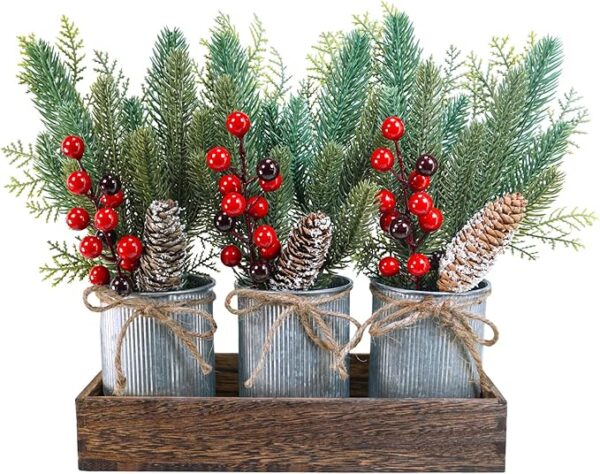 Christmas Farmhouse Centerpiece Rustic Wood Tray 3 Galvanized Pots 1