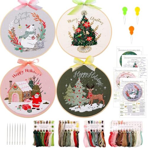 4 Sets Christmas Embroidery Starter Kit with Pattern for Beginners