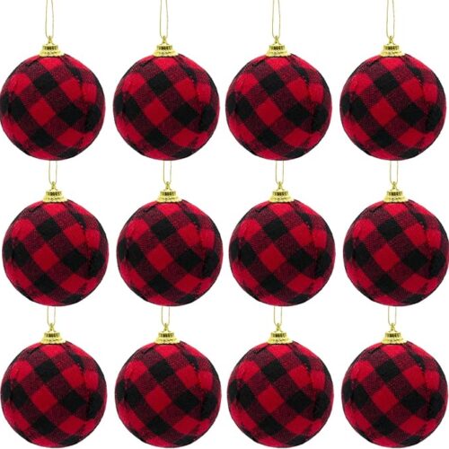 12pcs Christmas Ball Buffalo Plaid Fabric Christmas Balls 2.4"/60mm