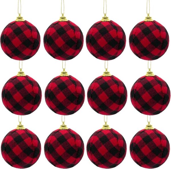 12pcs Christmas Ball Buffalo Plaid Fabric Christmas Balls 2.4"/60mm 1