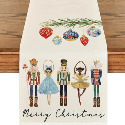 Watercolor Nutcrackers Xmas Balls Merry Christmas Table Runner