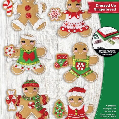 Dressed Up Gingerbread, Felt Applique 6 Piece Ornament Making Kit
