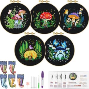 5 Sets Embroidery Kit for Beginners, Art Craft Handy Sewing Set Mushroom Cross Stitch Starter Kits