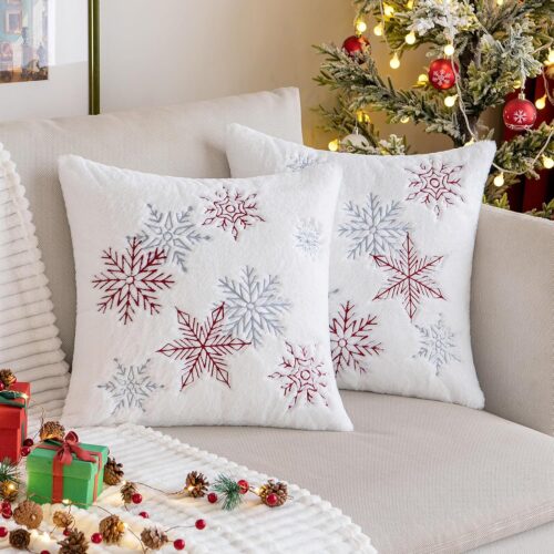 Pack of 2 Christmas Decorative Throw Pillow Covers Soft Faux Fur Pillow Cases with Embroidery Snowflake
