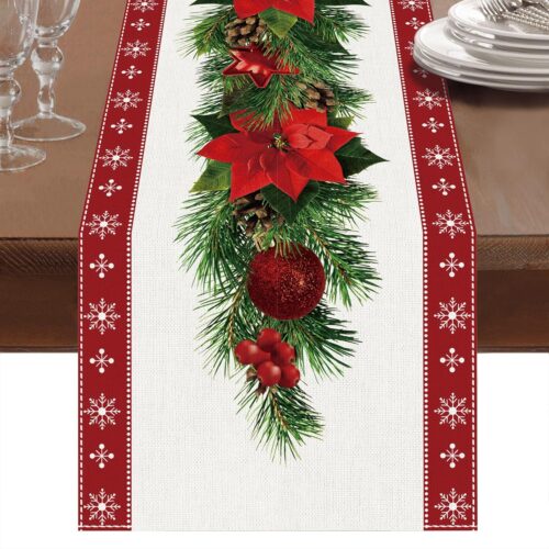 1 Watercolor Poinsettia Red Christmas Table Runner with White Snowflake 13 x 72 Inch